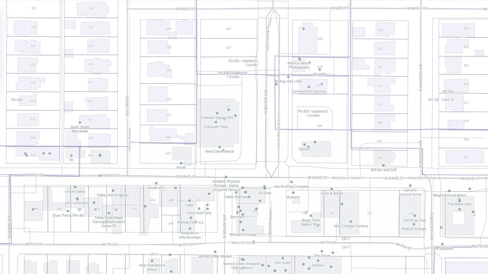 Washed-out Cityscan parcel and zoning map centered on Bishop Arts.